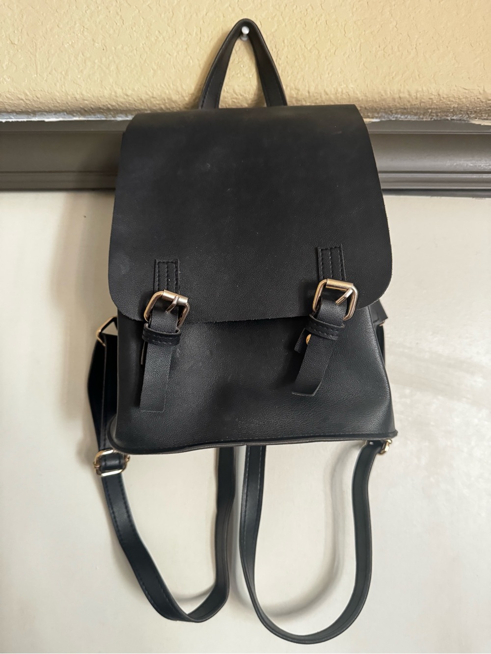 Black Faux Leather Women's Backpack with Gold Hardware